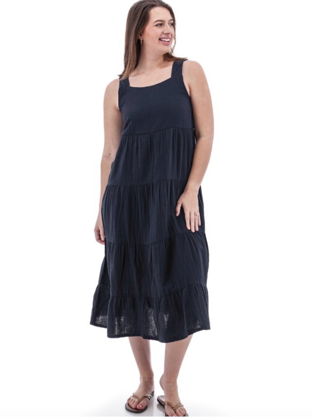 Sleeveless Tiered Midi Dress in Navy